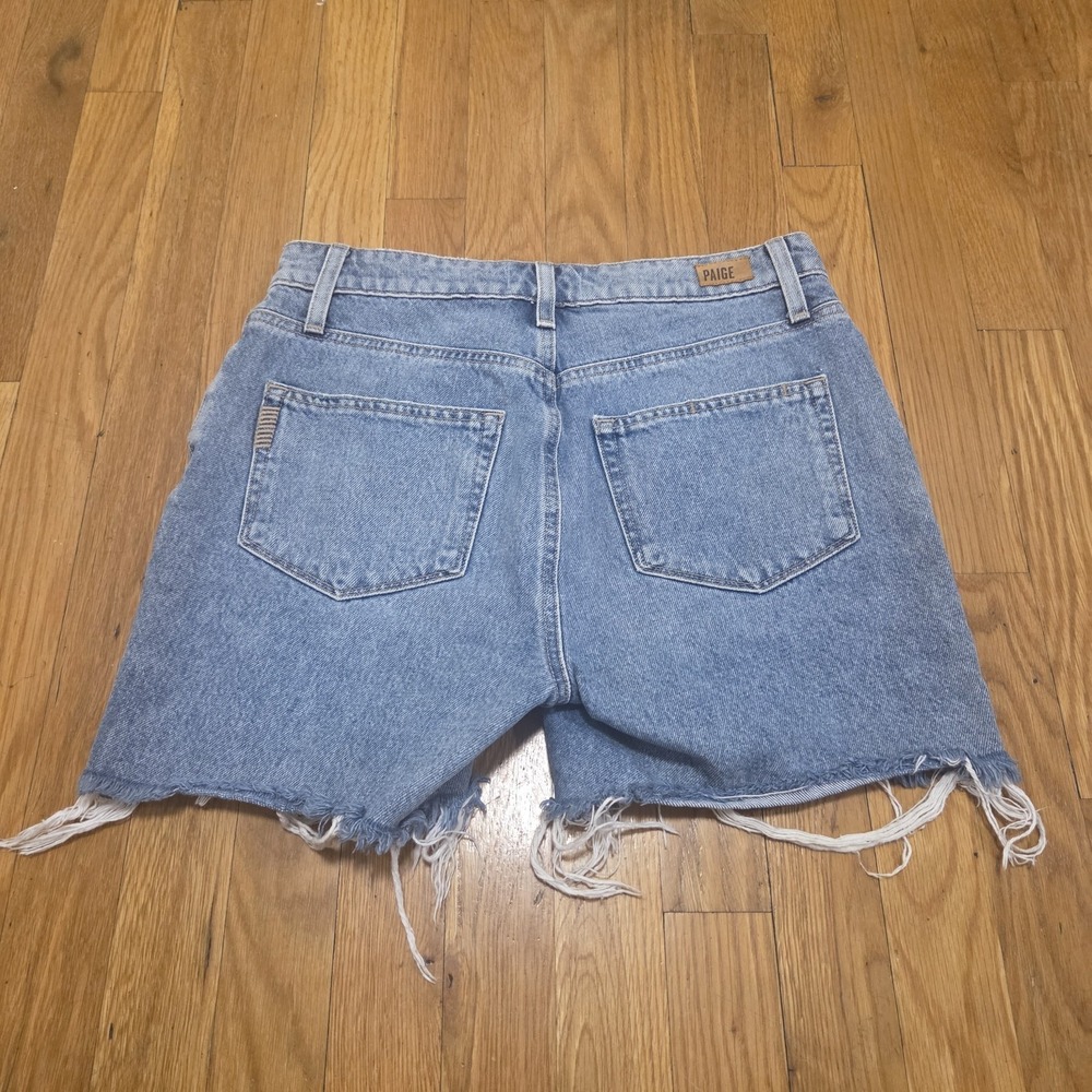PAIGE Sarah Longline Denim Shorts Distressed Raw Hem Blue Size 27 High Rise - Picture 2 of 11